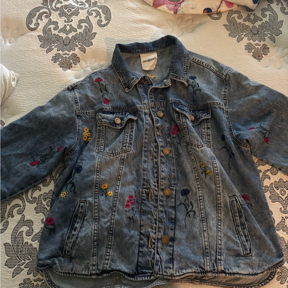 Desigual Blue Denim Jacket with Floral Embroidery